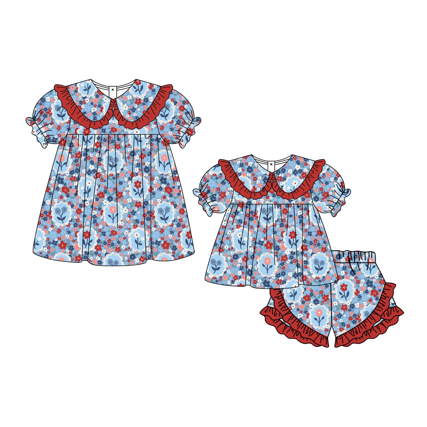 3.3 Custom moq 5 mix size Sibling Baby Girl's flowers Short-Sleeved Top And Shorts Set Cute Dress for Summer