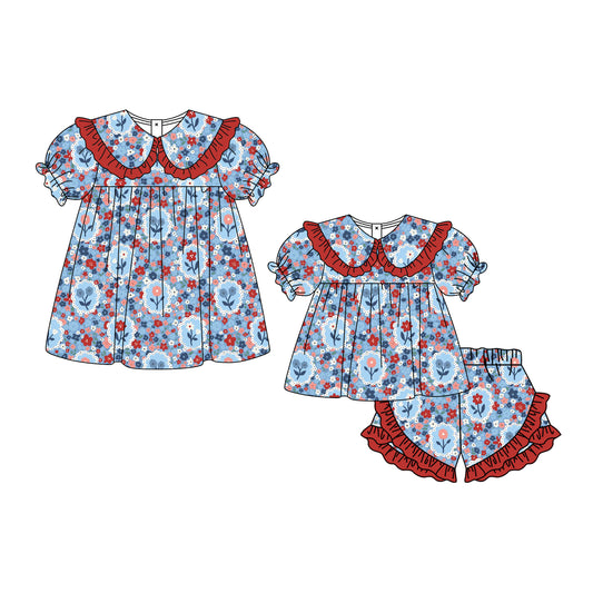 3.3 Custom moq 5 mix size Sibling Baby Girl's flowers Short-Sleeved Top And Shorts Set Cute Dress for Summer