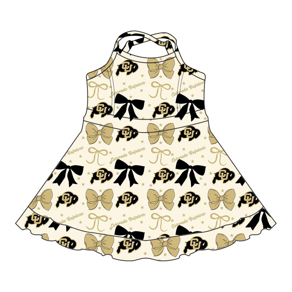 Custom moq 5 mix size milk silk summer teams baby girls clothes team bow khaki sleeveless skirts sets and dress 1 and dress 2 and dress 3-25.6.24