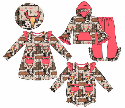 25.8.20 custom each style moq 5eta 4-6week Sibling Sisters cow head baby girl long sleeve pants sets and dress and rompers match family design