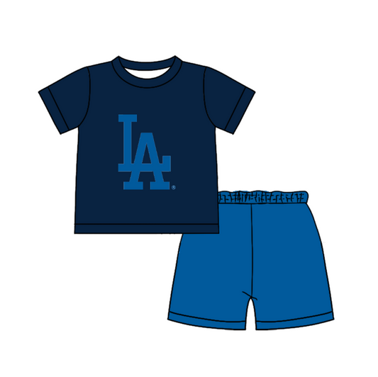 Custom moq 5 mix size milk silk summer teams Baby Boy's Navy blue Short-Sleeved O-Neck Top And solid color Shorts Set