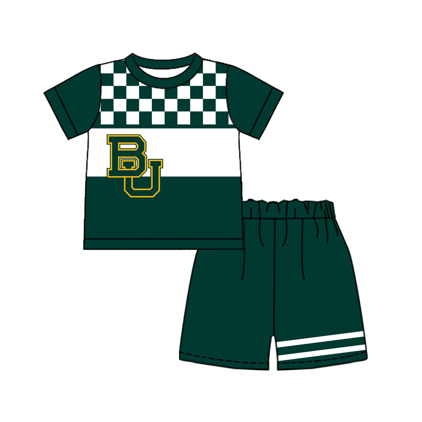 Custom moq 5 mix size milk silk summer teams Baby Boys Casual Plaid Green Short Sleeve Top Shorts Set