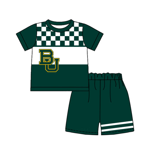 Custom moq 5 mix size milk silk summer teams Baby Boys Casual Plaid Green Short Sleeve Top Shorts Set