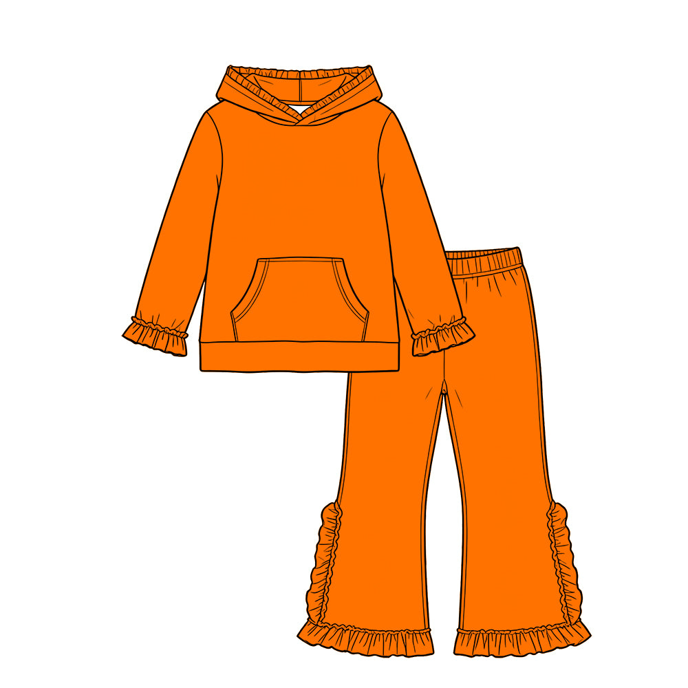 Custom moq 5 girls  Blank Cotton Fabric hooded long-sleeve top and pants set Bright orange hooded lace long-sleeve top and pants set