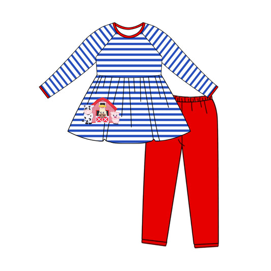 7.18 custom each style moq 5eta 4-6week Sibling Sister farm blue striped baby girls sets and top match family design