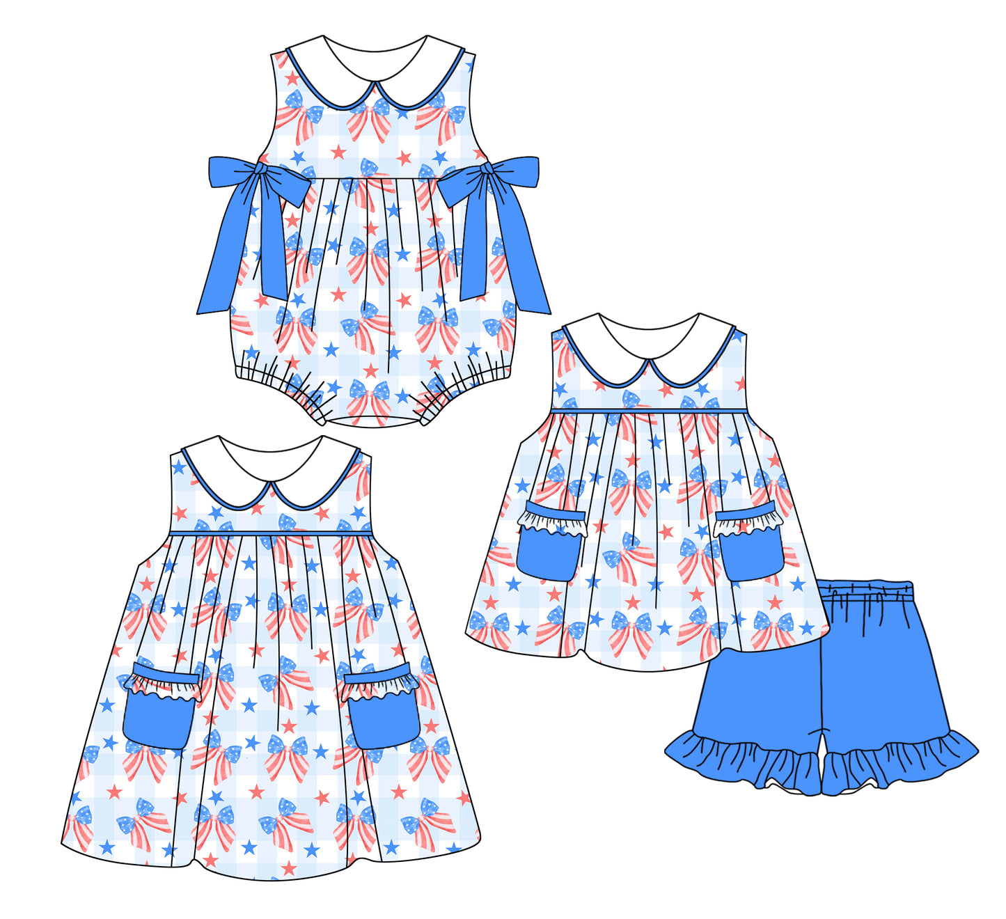 2.26 custom each style moq 5eta 4-6week Sibling Sisters bow baby girl short sleeve shorts sets and dress and rompers match family design
