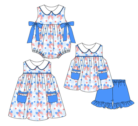 2.26 custom each style moq 5eta 4-6week Sibling Sisters bow baby girl short sleeve shorts sets and dress and rompers match family design