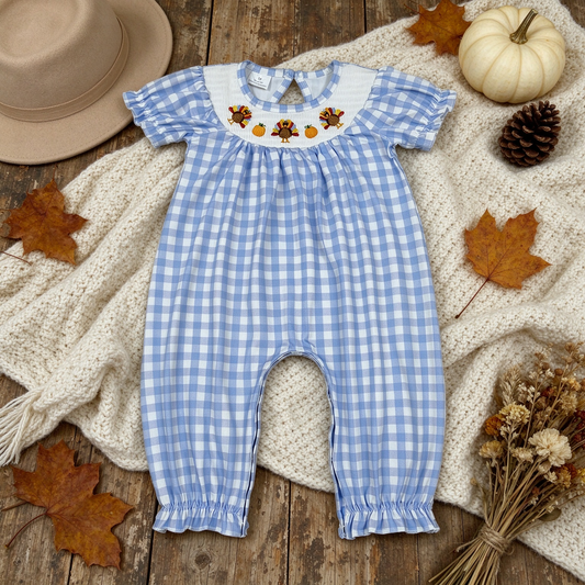 NEW RTS NO MOQ milk silk SR4276 Smocked Baby Girls Short Sleeve Turkey Pumpkins Thanksgiving Print Checked Rompers