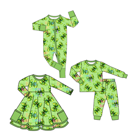 25.7.8 custom each style moq 5eta 4-6week Sibling Sisters bow green baby girl long sleeve pants sets and dress and rompers match family design