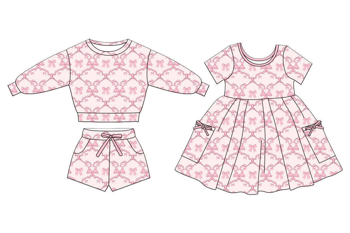 25.11.4 custom each style moq 5 eta 6-8week Sibling Sisters bow baby girl long sleeve shorts sets and dress match family design