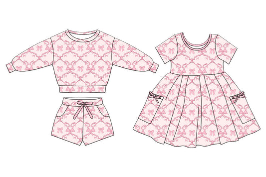 25.11.4 custom each style moq 5 eta 6-8week Sibling Sisters bow baby girl long sleeve shorts sets and dress match family design