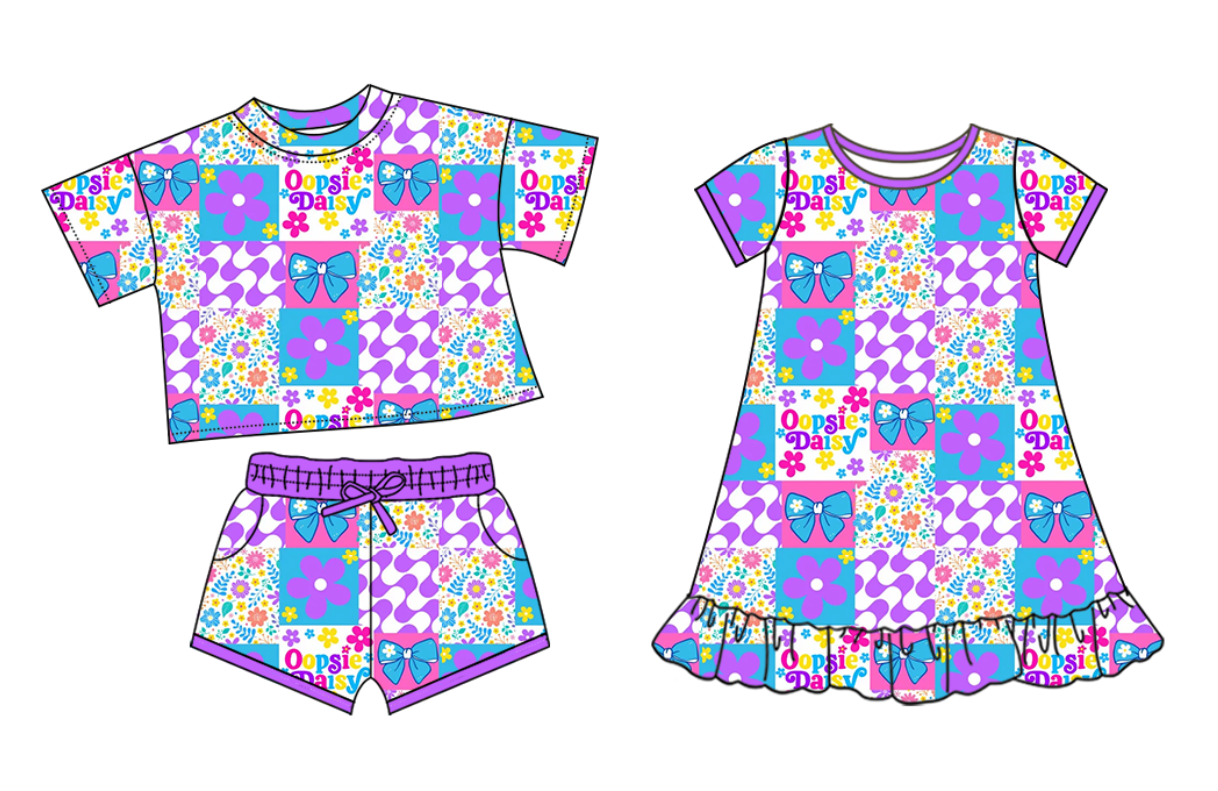 25.10.29 custom each style moq 5 eta 6-8week Sibling Sister floral bow baby girl short sleeve shorts sets and dress match design