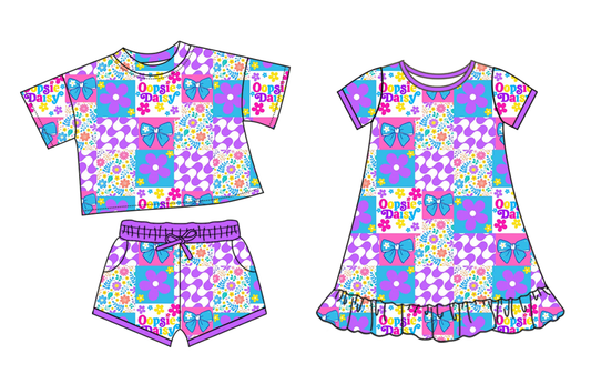 25.10.29 custom each style moq 5 eta 6-8week Sibling Sister floral bow baby girl short sleeve shorts sets and dress match design