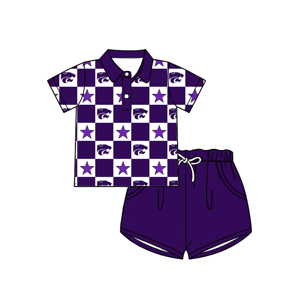 Custom moq 5 mix size milk silk summer teams Purple Checked Bows Baby Girl Sleeveless Top Skirt Short Set Dress And Shorts Yoga Outfit Boy's Top Shorts Set Romper