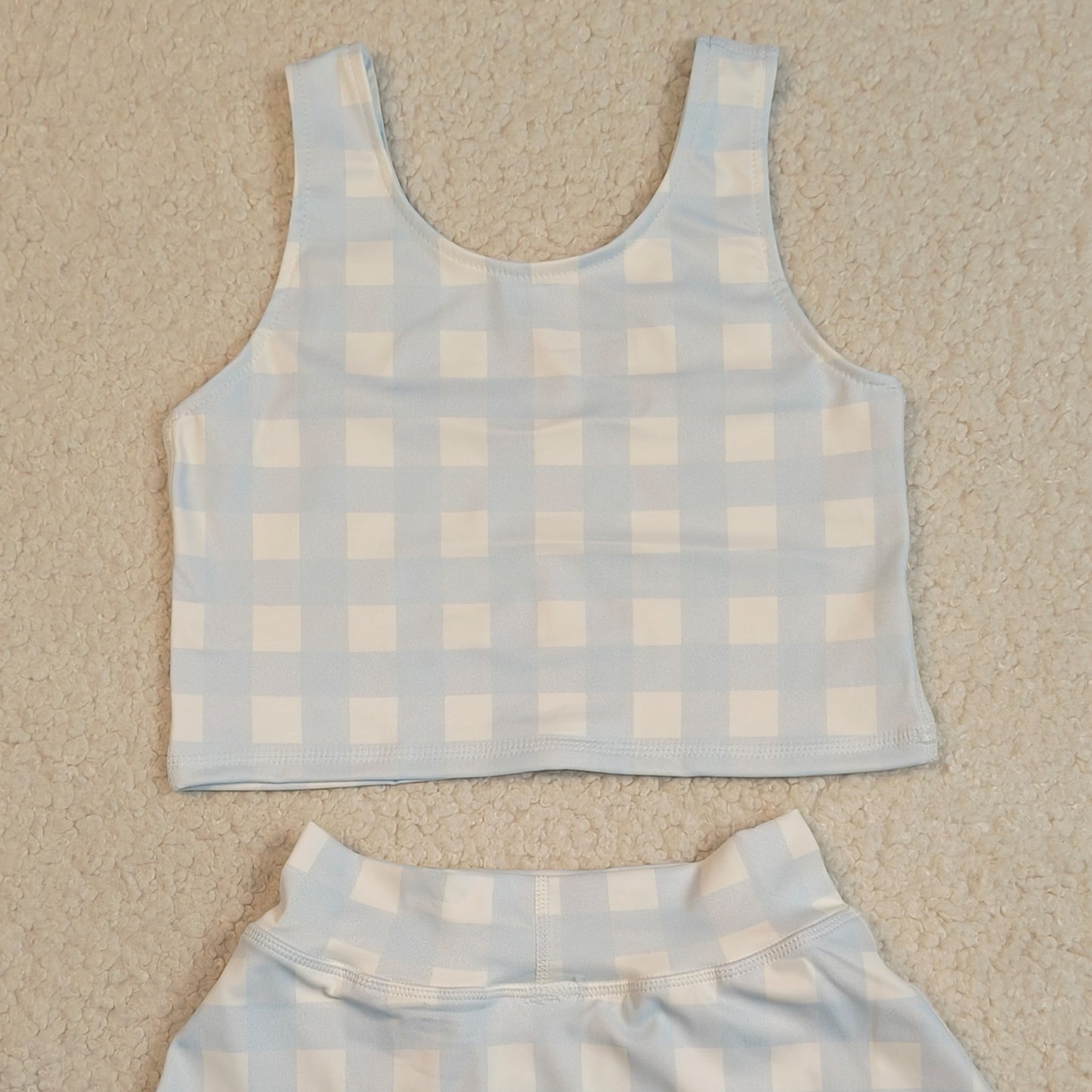 RTS NO MOQ GSD3839 Baby Girls Light Blue Checked Vest Short Skirt Yoga Active Clothes Set