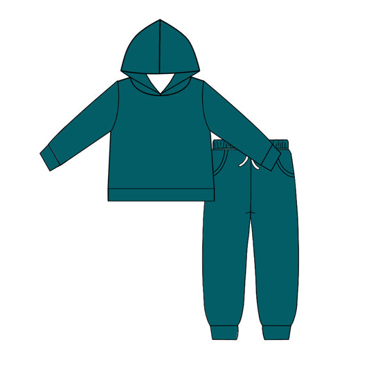 Custom moq 5 Boys blank cotton fabric hoodie joggies Dark green hooded top and trousers set