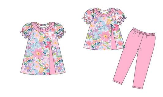 25.9.19 custom each style moq 8 eta 6-8week Sibling Sisters floral baby girl short sleeve pants sets and dress match family design