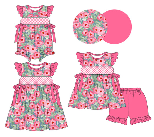 3.10 custom each style moq 5eta 4-6week Sibling Sisters floral baby girl short sleeve shorts sets and dress and rompers match family design
