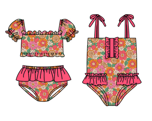3.31 Custom moq 5 mix size Sibling Baby Girls Flowers Top With Bow Bummies Two-Piece Set Infant Swimwear