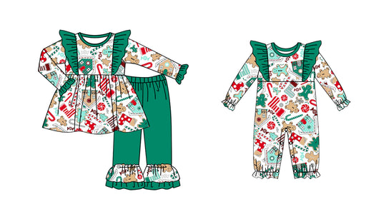 25.6.16 custom each style moq 5eta 4-6week Sibling Sisters Christmas green baby girl long sleeve pants sets and rompers match family design