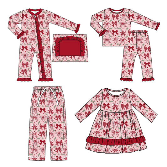 25.5.19 custom each style moq 5eta 4-6week Sibling Sisters bow baby girl long sleeve pants sets and romper and dress and adult pants match family design