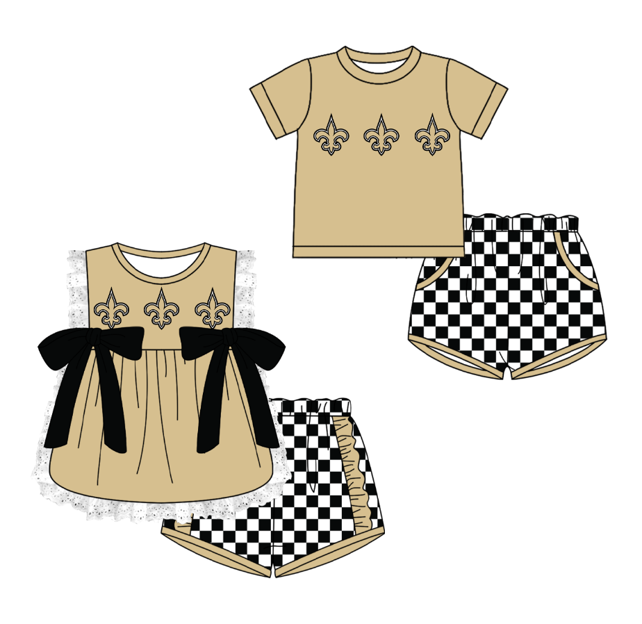 Custom moq 5 mix size milk silk summer teams Brown  Girl Sleeveless Top And Plaid Shorts Set with Bow Boy Short Sleeved Top And Plaid Shorts Set