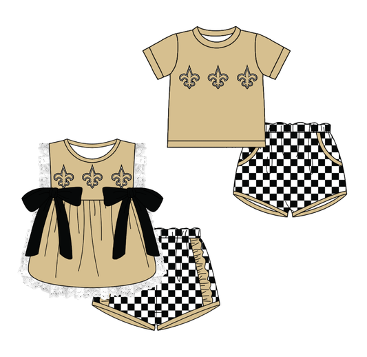 Custom moq 5 mix size milk silk summer teams Brown  Girl Sleeveless Top And Plaid Shorts Set with Bow Boy Short Sleeved Top And Plaid Shorts Set