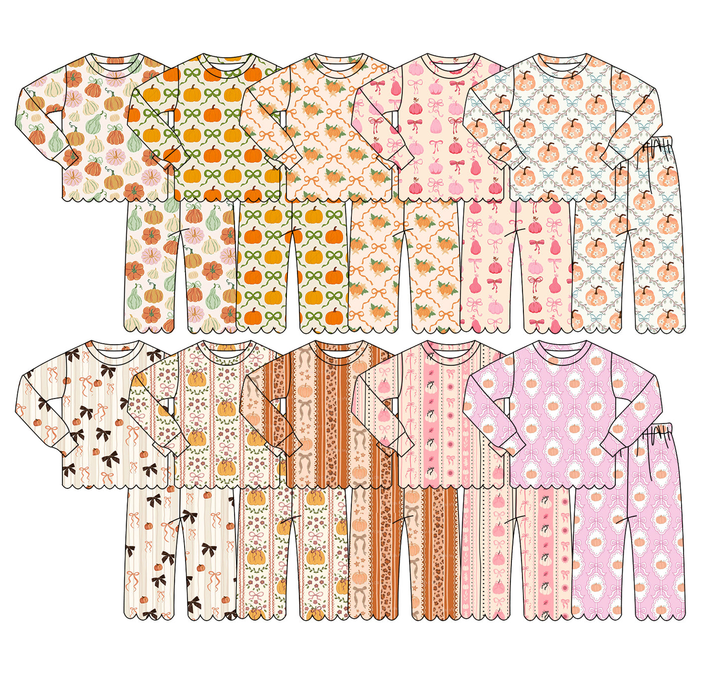 4.13 Custom moq 5 mix size Sibling Baby Girls Pumpkin Long Sleeve Top And Pants Scallop Pajamas Set Cute Baby Sleepwear