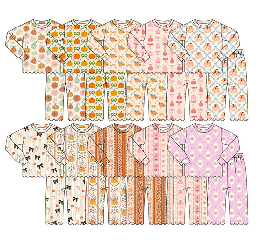 4.13 Custom moq 5 mix size Sibling Baby Girls Pumpkin Long Sleeve Top And Pants Scallop Pajamas Set Cute Baby Sleepwear
