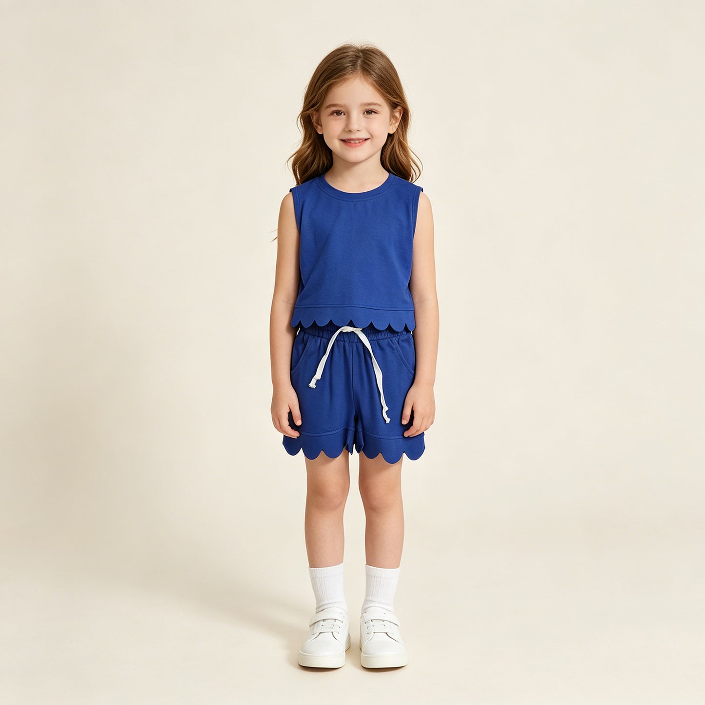 RTS NO MOQ cotton GSSO3732 Baby Girls Cute Hot Blue Sleeveless Top Scallop Clothes Set