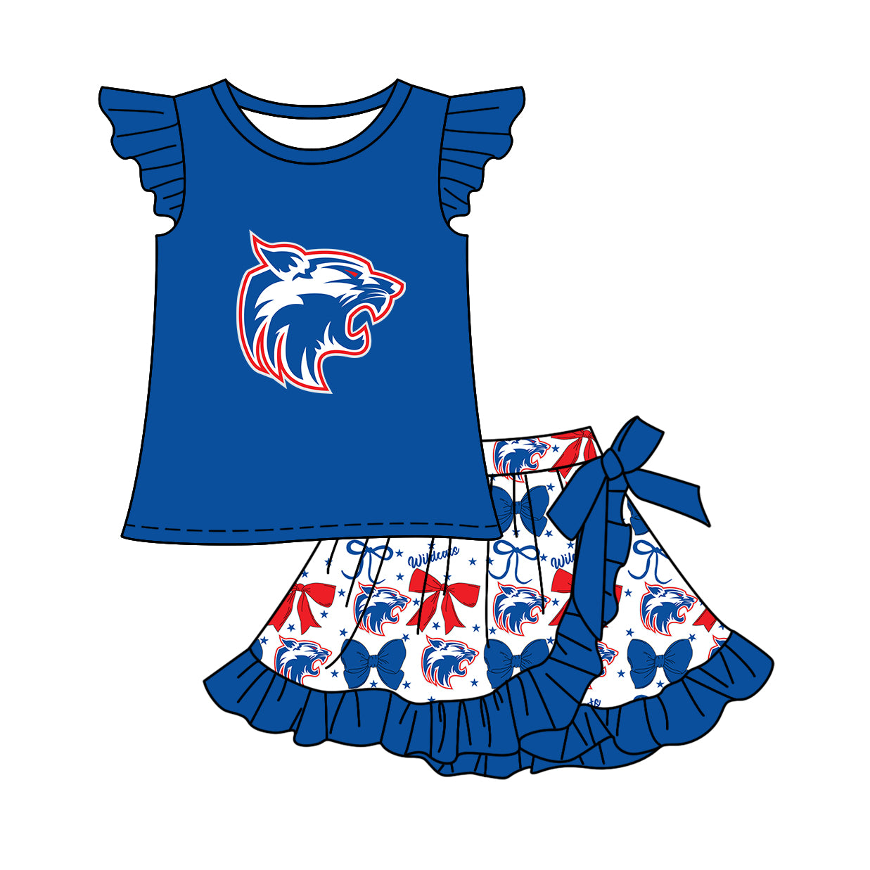 Custom moq 5 mix size milk silk baby girls clothes team bow blue sleeveless skirts sets 1 and set 2 and dress-25.7.19