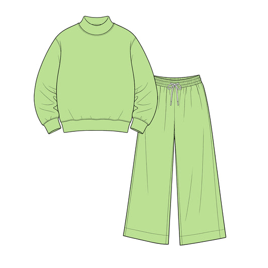 custom moq 5 mix size Baby Kids Light Green Long Sleeve Shirt Top Long Pants Casual Solid Color Outfit Set