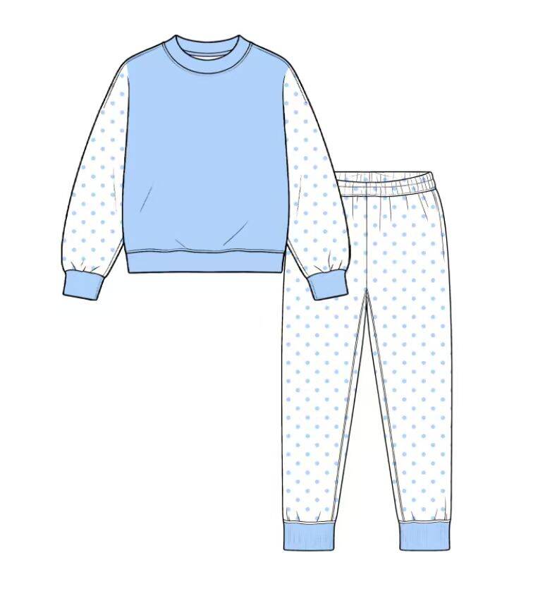 custom moq 5 mix size Baby Kids Solid Light Blue Front And Polka Dot Sleeve Top Matching Blue Dot Jogger Pants Set