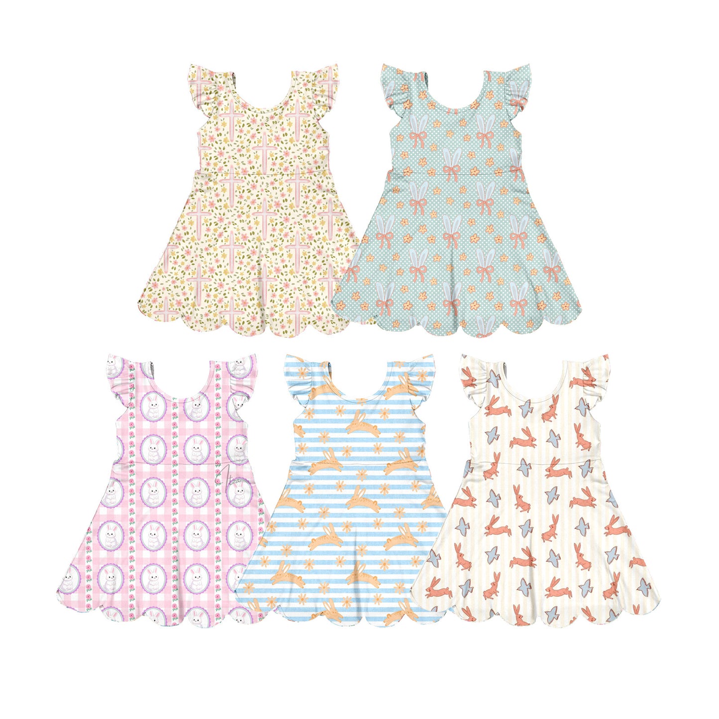 Custom moq 5 mix size Sibling Baby Girls Print Flying sleeves  Knee-Length Yoga Dress