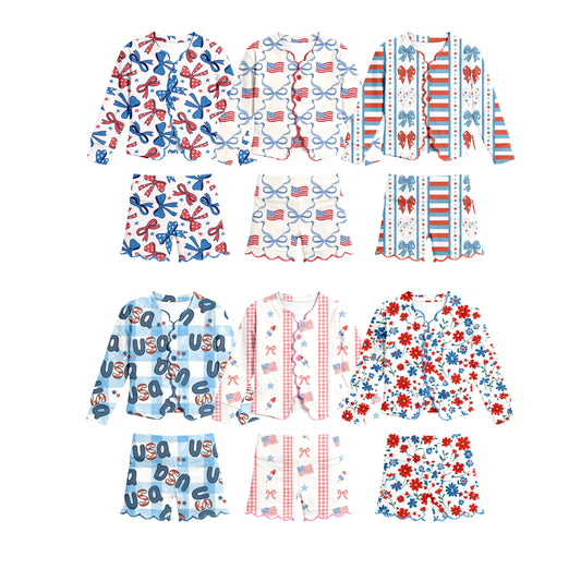 Custom moq 5 mix size Sibling 4th of July Long-Sleeved Yoga Set for Baby Girls Top And Shorts Outfit