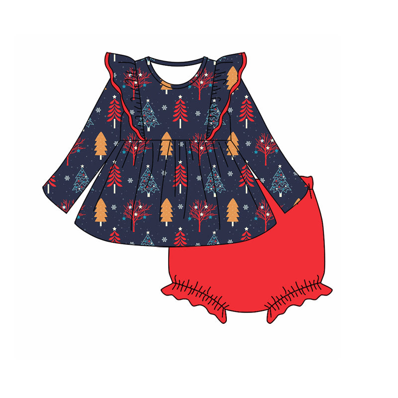 6.23 custom each style moq 5eta 4-6week Christmas trees navy blue baby girls long sleeve red briefs sets