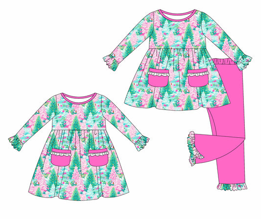25.5.21 custom each style moq 5eta 4-6week Sibling Sisters Christmas trees baby girl long sleeve pants sets and dress match family design