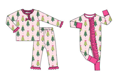 25.8.27 custom each style moq 5eta 4-6week Sibling Sisters Christmas trees bow pink baby girl clothes long sleeve pants sets and romper match family design