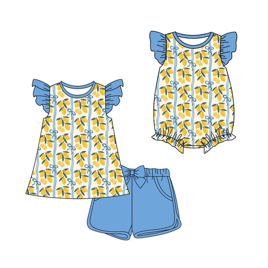 3.21 Custom moq 5 mix size Sibling Cute Clothes Baby Girl's Flutter Sleeve Top And Blue Short Set Matching Romper for Summer