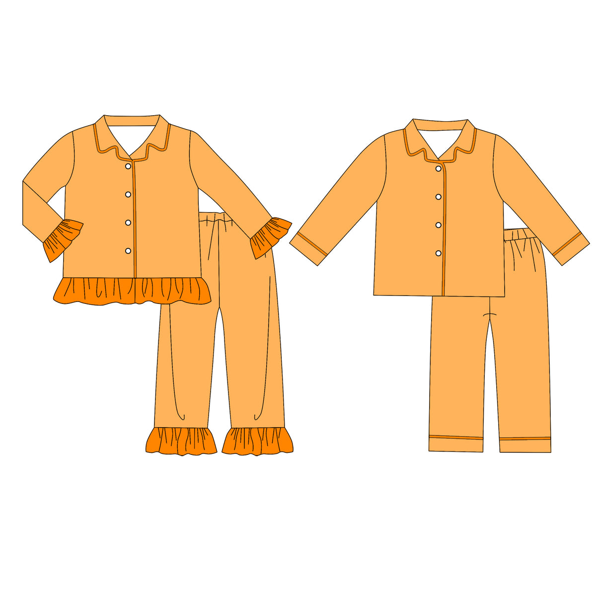 custom moq 5 mix size Baby Boys And Girls Orange Long Sleeve Collared Button Down Pant Pajama Set Kids Sleepwear Set