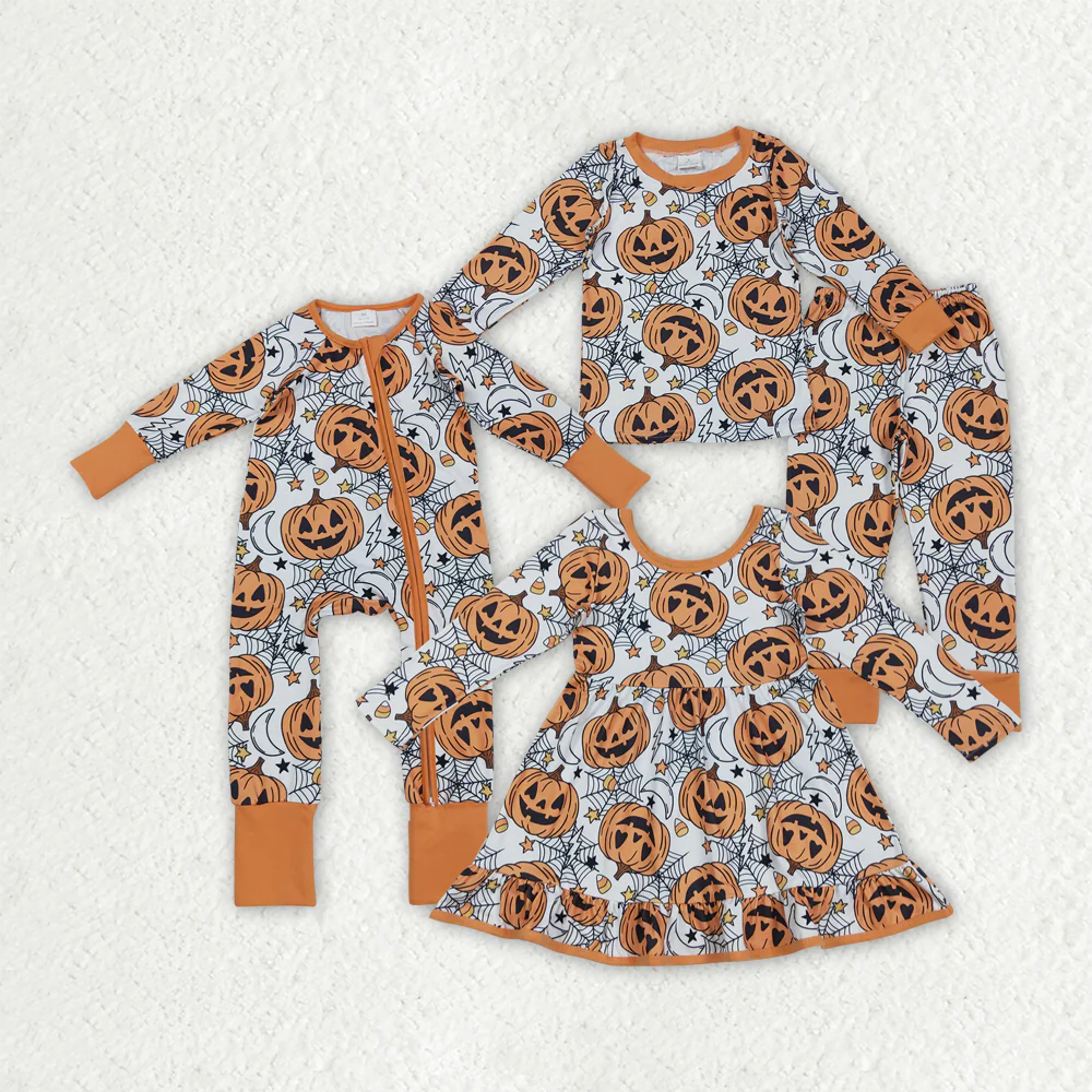 RTS Sibling baby girls clothes halloween pumpkin long Sleeve pants sets and romper and dress