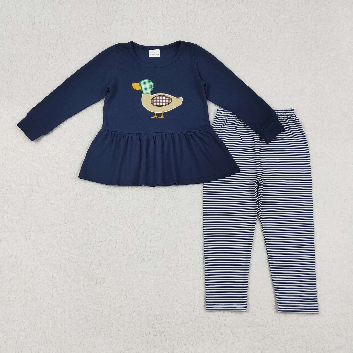 RTS NO MOQ（In Stock) GLP2595 Duck embroidered navy long-sleeved striped pantsuit