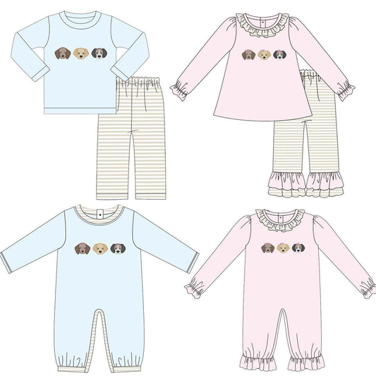 Custom moq 5 each style eta 6-7weeks baby girl clothes puppy long sleeve pants set 2 and rompers 2-25.7.25
