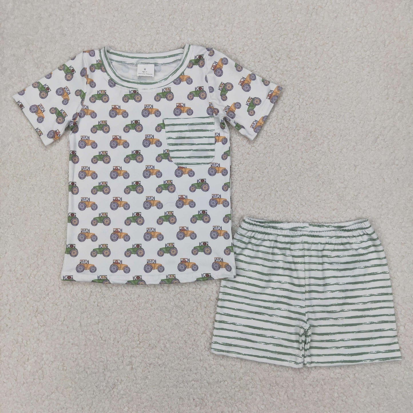 RTS NO MOQ BSSO1354 Farm tractor stripe pocket white short sleeve shorts set