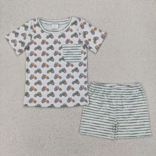 RTS NO MOQ BSSO1354 Farm tractor stripe pocket white short sleeve shorts set
