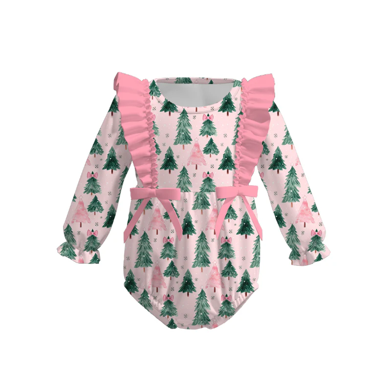Custom moq 5 each style eta 6-7weeks Christmas trees pink baby girl short sleeve pant sets and long sleeve pants sets and dress and romper and adult set