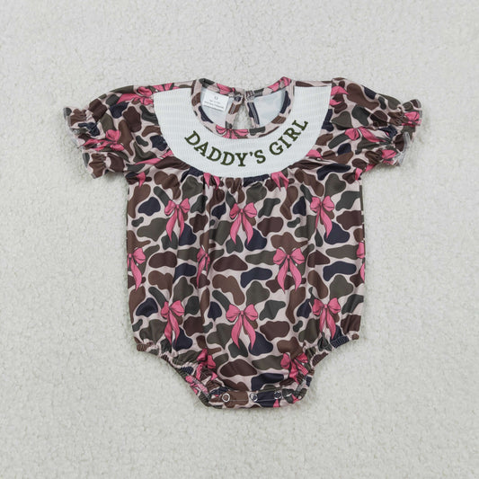 RTS NO MOQ（In Stock) SR3105 Embroidered Daddy's Girl Camouflage Short-Sleeve Jumpsuit with Bow Pattern