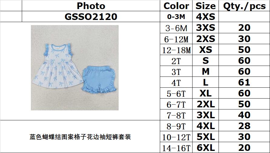 RTS NO MOQ ETA 5/7days Arrived GSSO2120 Blue bow pattern check lace sleeve shorts set