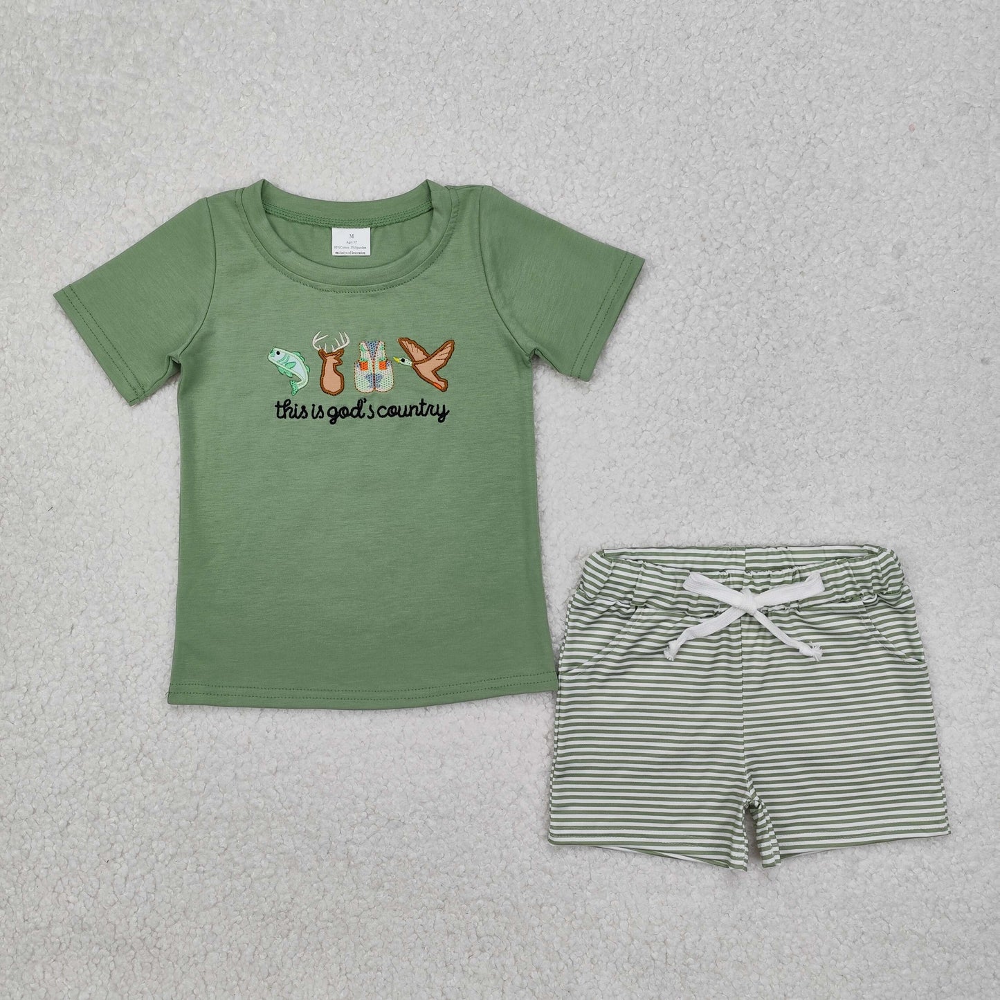 RTS NO MOQ ETA 5/7days Arrived BSSO1108 Embroidered god's country fish deer vest duck green short-sleeved striped shorts set