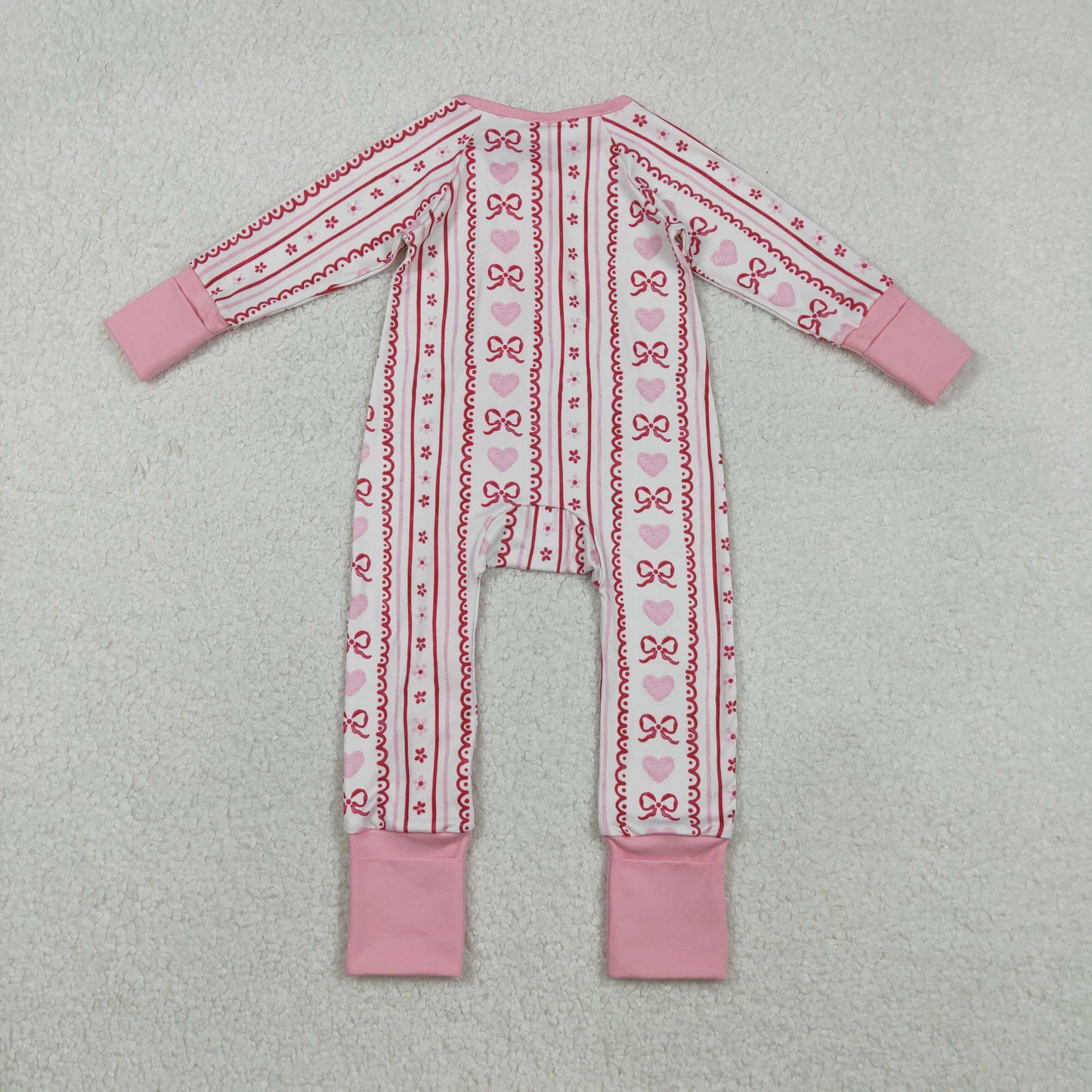 RTS NO MOQ（In Stock ) LR2781 Heart-Bow Pattern Floral Striped Beige Zipper Long-Sleeved Jumpsuit